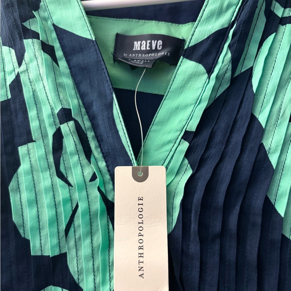 Anthropologie Maeve Navy Mint Leaf Print Maxi Dress XS NWT - Picture 2 of 5